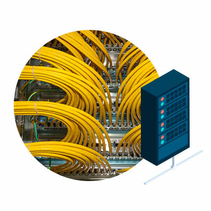 Yellow data cabling with inset illustration of an equipment rack