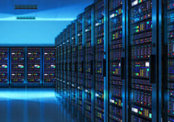 Photo of a stylized data center with blue light