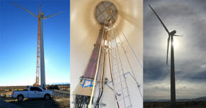 Triptych image of a power turbine windmill