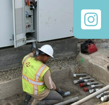 Man kneeling at construction site with pipes; instagram logo overlaid.
