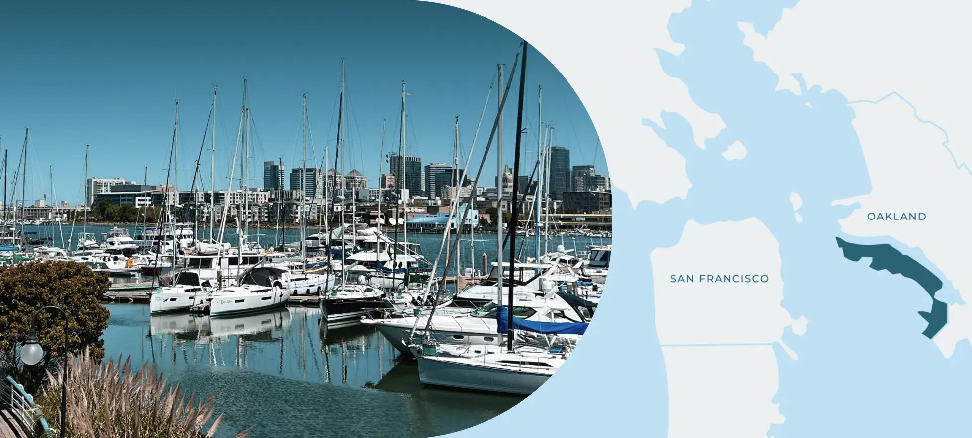 boats in a harbor with a map highlighting alameda