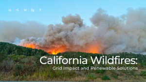 A massive wildfire burning in a forested area, with large plumes of smoke rising above the treeline. The foreground shows grassland, while the background reveals intense orange flames and thick smoke