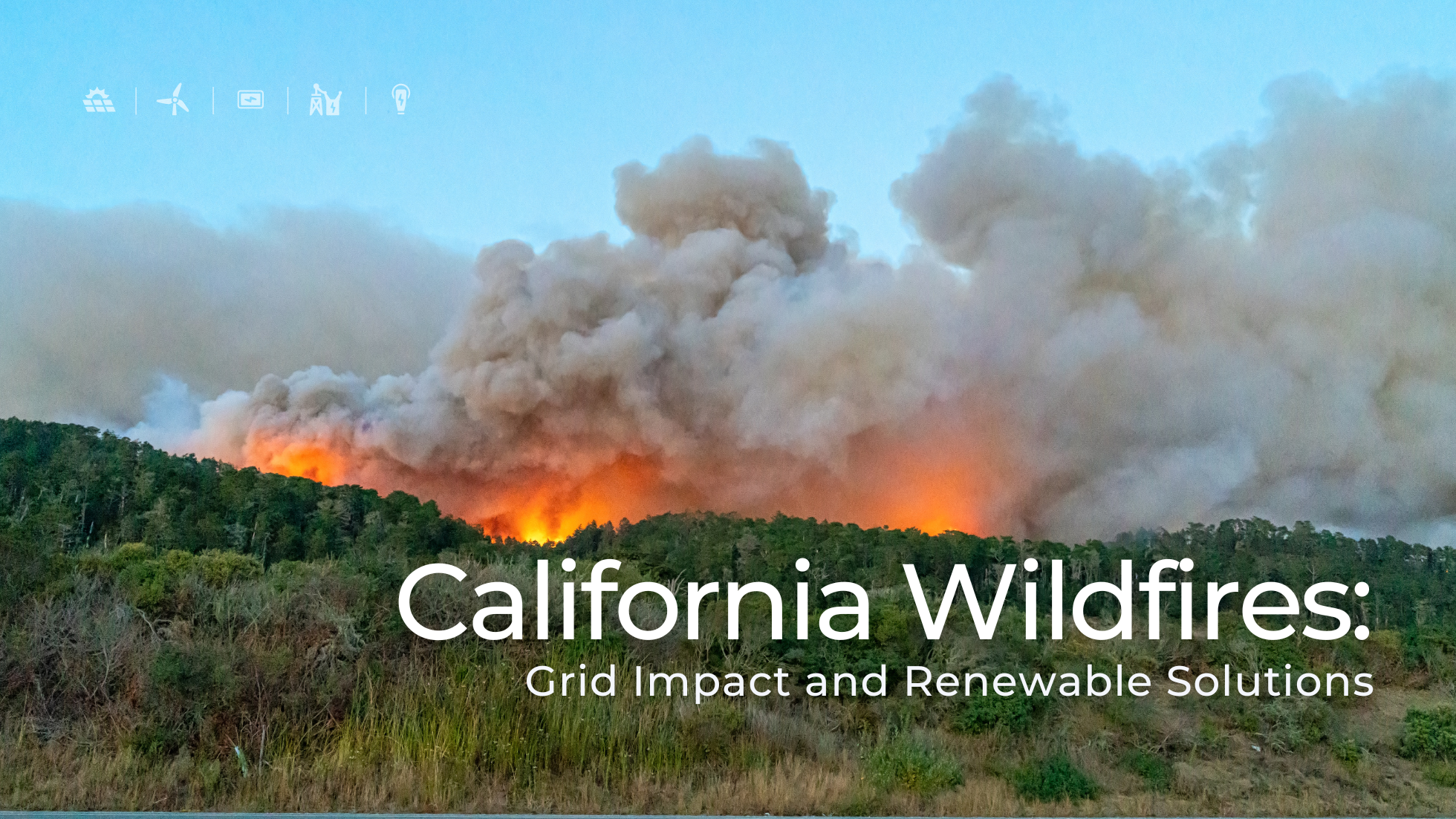 A massive wildfire burning in a forested area, with large plumes of smoke rising above the treeline. The foreground shows grassland, while the background reveals intense orange flames and thick smoke