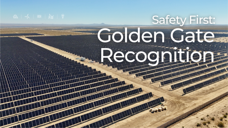 An aerial view of a large solar farm in a desert-like area, featuring rows of solar panels stretching into the horizon under a clear blue sky. The text overlay reads "Safety First: Golden Gate Recognition," emphasizing a significant safety achievement in solar project development. Icons representing renewable energy and technology are positioned above the image, adding context to the project’s focus.