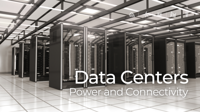 Modern data center interior with rows of server racks and the text 'Data Centers: Power and Connectivity,' highlighting the infrastructure and energy management theme.