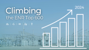 An infographic-style image showcasing BEI Construction's achievement in 'Climbing the ENR Top 600,' with a background of a substation symbolizing the energy sector. The image features an upward-trending graph, icons representing renewable energy solutions, and bold text highlighting the achievements in 2024