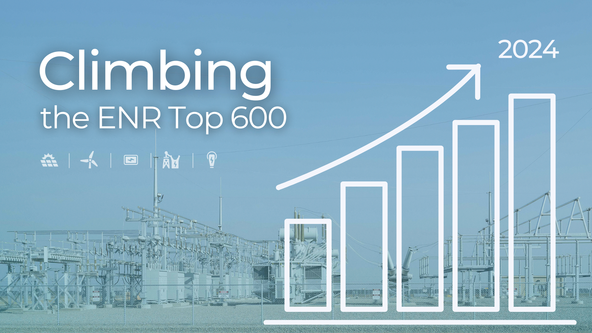 An infographic-style image showcasing BEI Construction's achievement in 'Climbing the ENR Top 600,' with a background of a substation symbolizing the energy sector. The image features an upward-trending graph, icons representing renewable energy solutions, and bold text highlighting the achievements in 2024