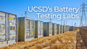 Rows of battery storage containers representing a large-scale energy storage project in Southern California. Text overlay reads 'UCSD's Battery Testing Labs,' emphasizing energy storage innovation and real-world applications, with project details: Southern California Energy Storage | 537.5 MW / 2.15 GWh project distributed across 3 sites | Long Beach, CA