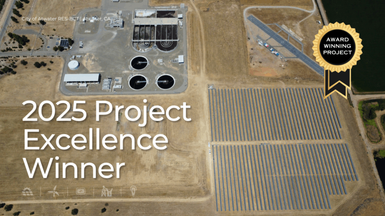 Aerial view of the City of Atwater’s wastewater treatment plant and adjacent solar array, showcasing the 3.5 MW RES-BCT solar project. Overlay text reads “2025 Project Excellence Winner,” with a gold badge labeled “Award Winning Project” highlighting the site’s recognition by the NECA NorCal Chapter.