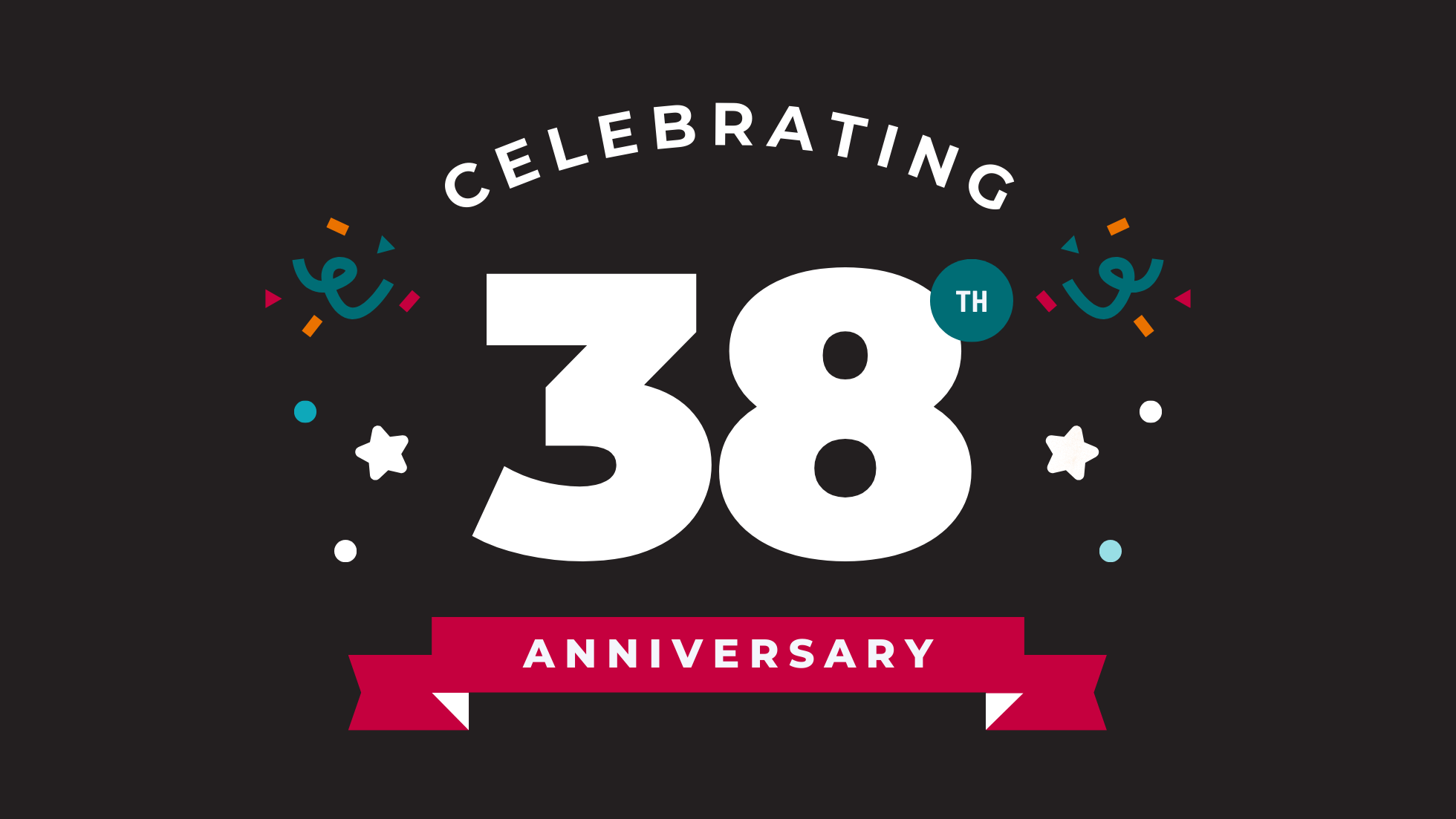 Graphic with the text “Celebrating 38th Anniversary” on a dark background, featuring large white number 38, a red ribbon banner with the word “Anniversary,” and small colorful confetti and celebration icons around the design.