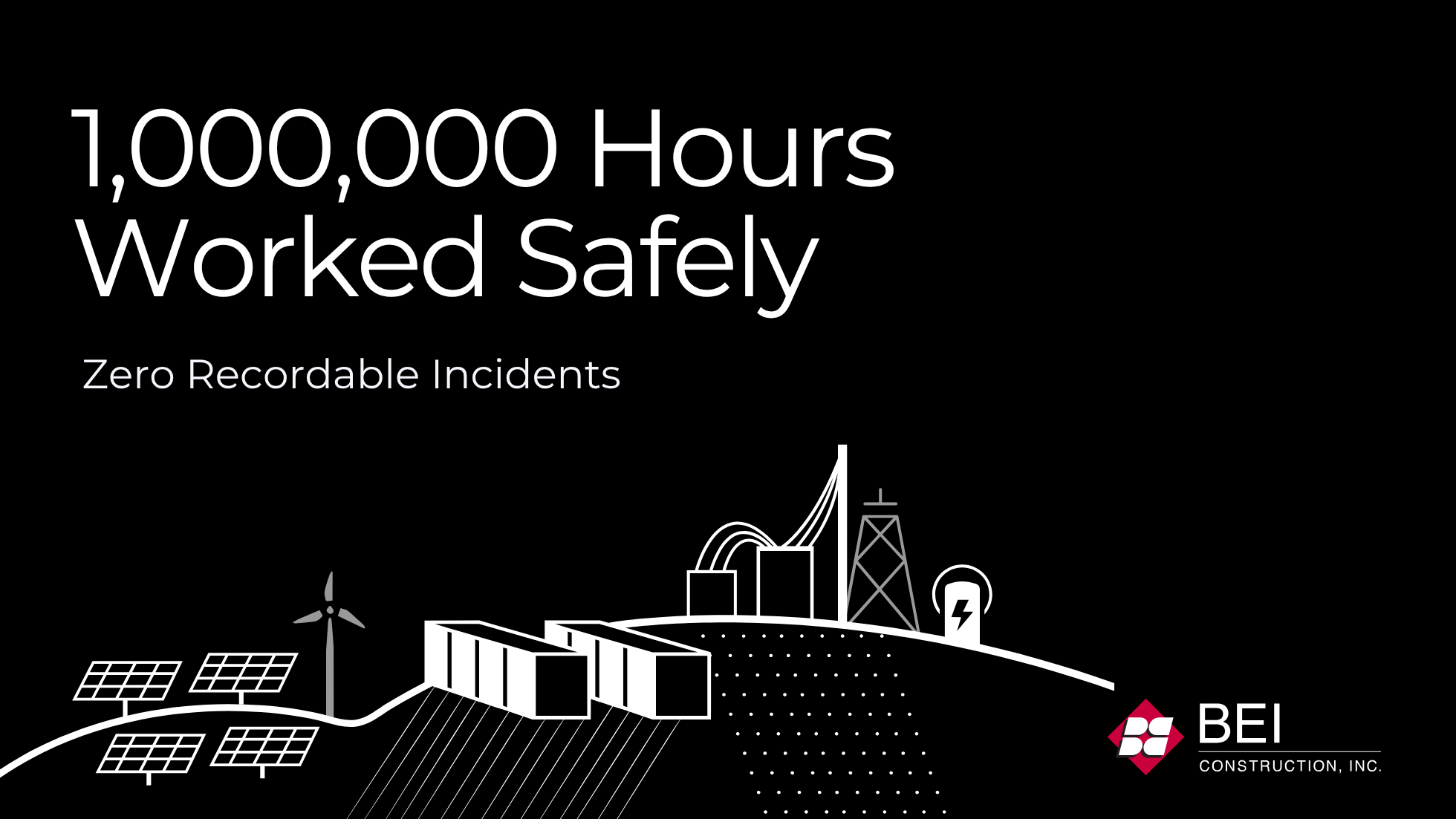 Graphic celebrating BEI Construction's safety milestone of 1,000,000 hours worked safely with zero recordable incidents. The design features white text on a black background above a line-art illustration of renewable energy and electrical infrastructure, including solar panels, a wind turbine, battery energy storage units, transmission structures, and power equipment. The BEI Construction logo appears in the lower right