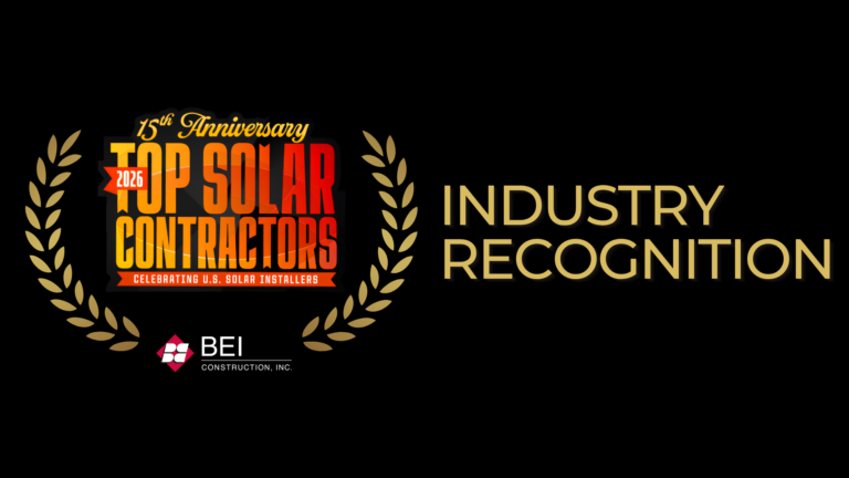 BEI Construction industry recognition graphic featuring the 2026 Top Solar Contractors logo framed by gold laurels and the words “Industry Recognition.”